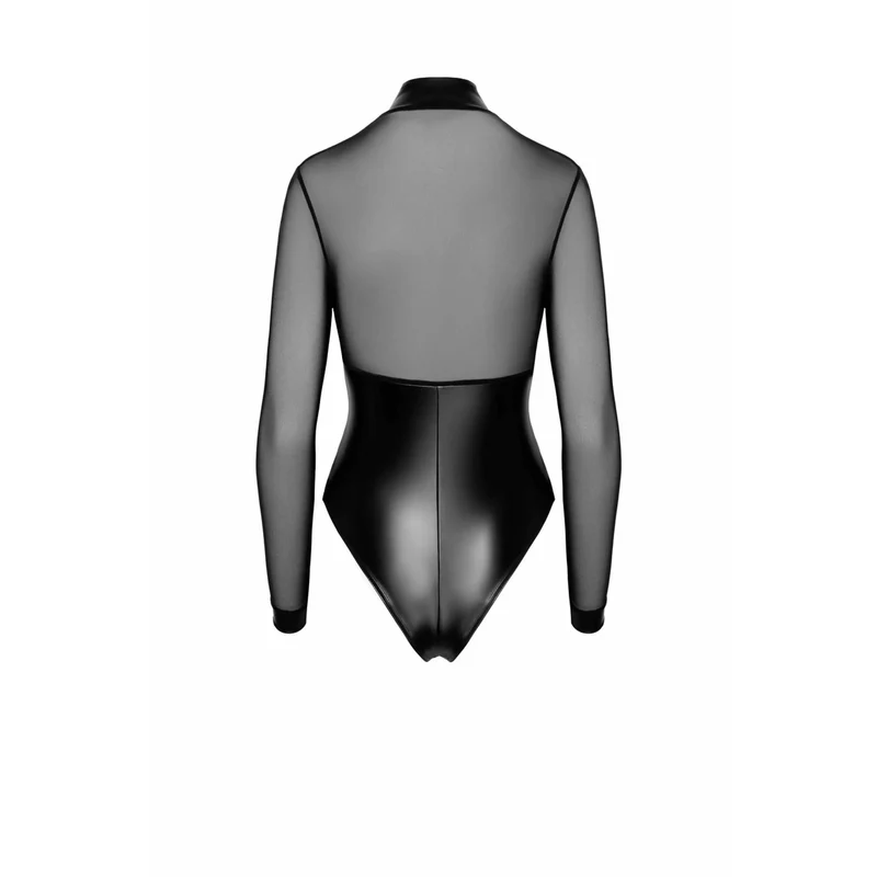 body moulant transparent tulle anneaux métalliques sensuelle audacieuse cintrant extensible col montant brillant fermeture éclair manches longues noir tailles