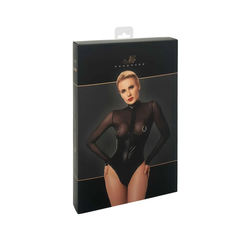 body moulant transparent tulle anneaux métalliques sensuelle audacieuse cintrant extensible col montant brillant fermeture éclair manches longues noir tailles