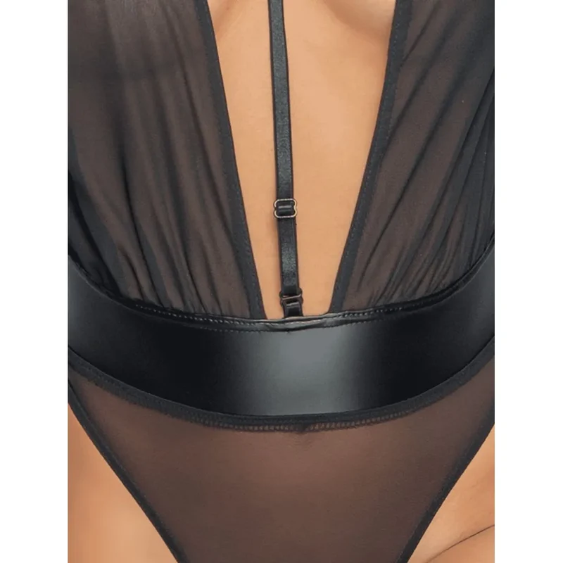 justaucorps transparent manches longues mousseline soie sangle réglable effet mouillé maille fine fermeture crochet entrejambe noir