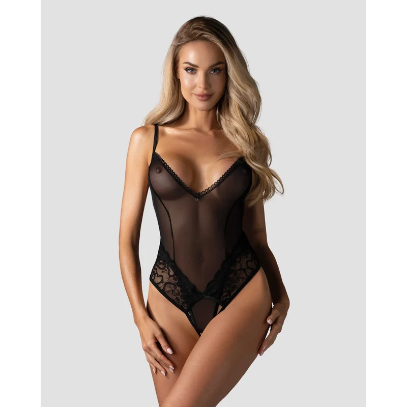 Body noir dentelle ouvert entrejambe audacieux sensuel séduisant femme confiante bretelles réglables fermeture multiple polyamide élasthanne taille haute silhouette sublimée