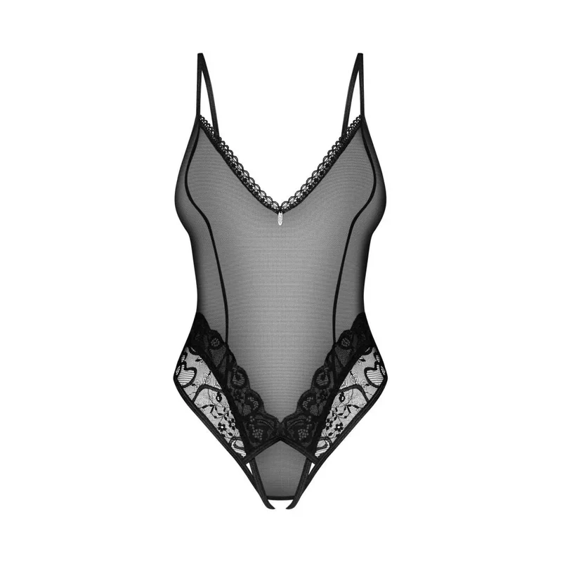 Body noir dentelle ouvert entrejambe audacieux sensuel séduisant femme confiante bretelles réglables fermeture multiple polyamide élasthanne taille haute silhouette sublimée