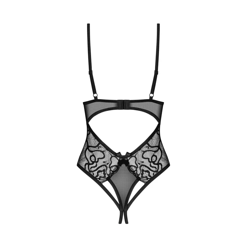 Body noir dentelle ouvert entrejambe audacieux sensuel séduisant femme confiante bretelles réglables fermeture multiple polyamide élasthanne taille haute silhouette sublimée