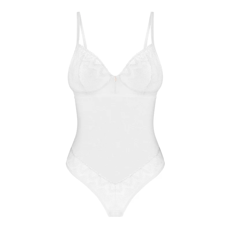 Alissium body blanc sexy bonnets armatures pendentif or rose embellissements géométriques maintien sangles réglables polyamide élasthanne sans nickel glamour sensualité