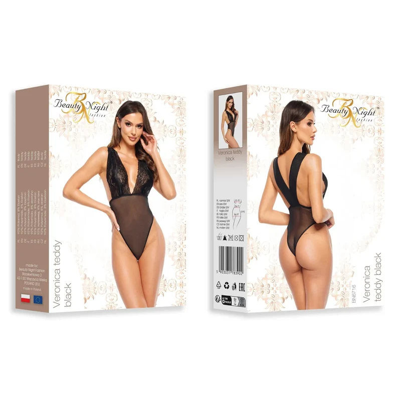 body dentelle tulle noir décolleté profond bretelles croisées élégant raffiné sophistiqué brillant extensible polyamide élasthanne fermeture crochet entrejambe