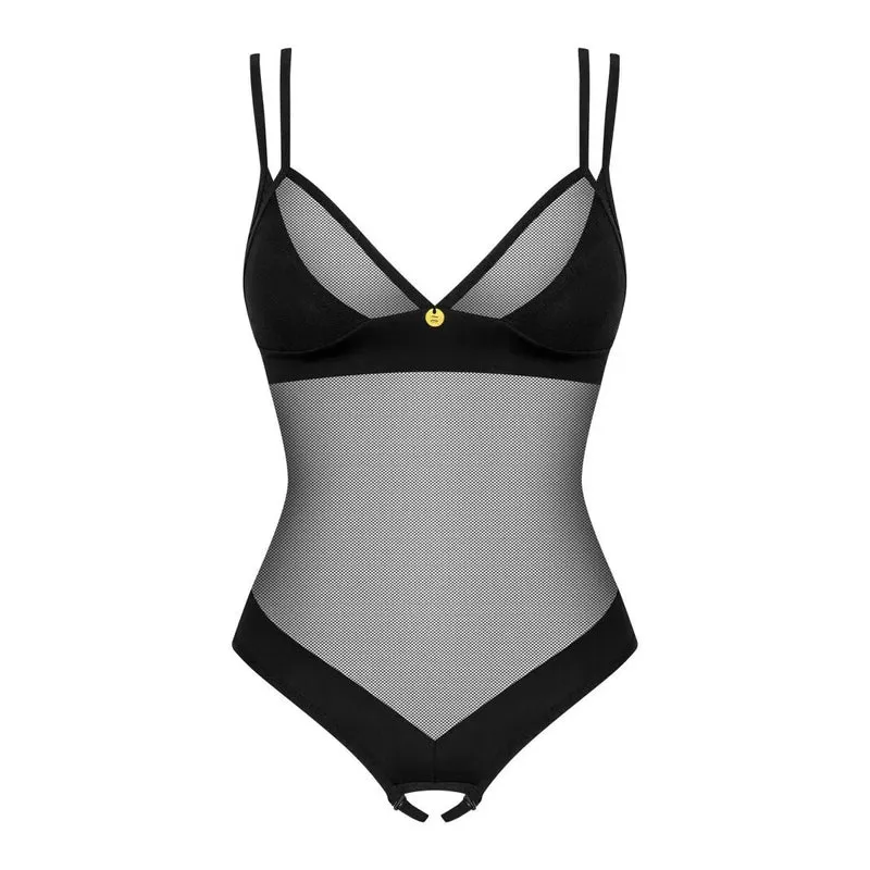 body ouvert noir sexy teddy sangles réglables pendentif doré maille transparente tissu lisse séduisant confortable ajustement entrejambe échancré sculptant