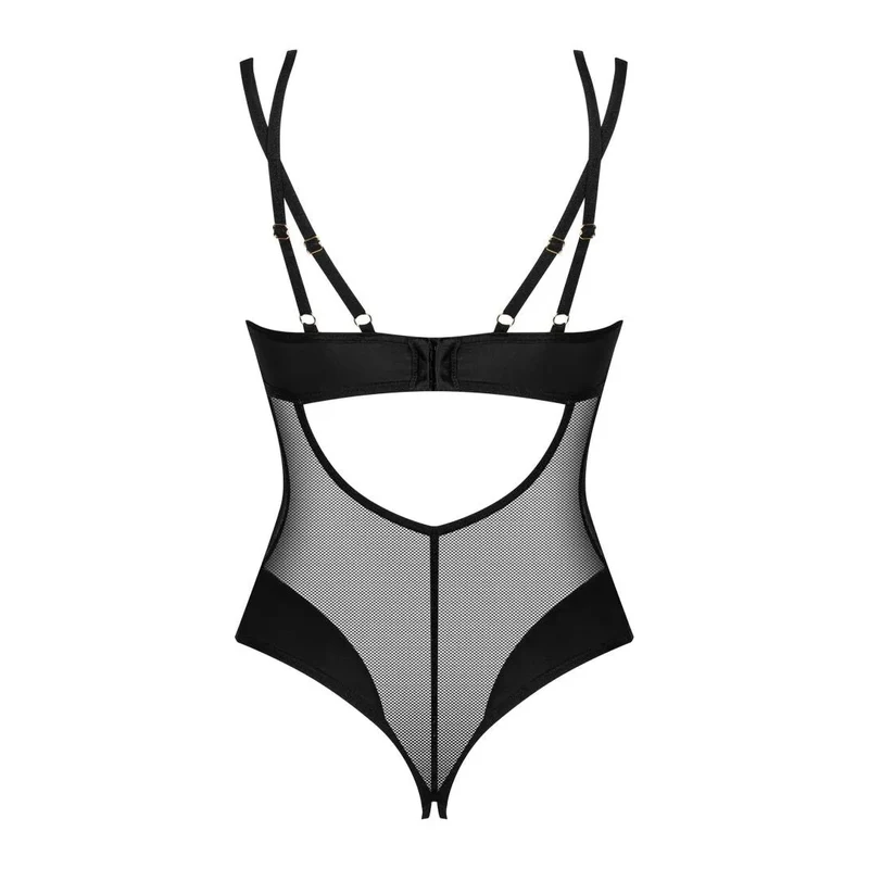 body ouvert noir sexy teddy sangles réglables pendentif doré maille transparente tissu lisse séduisant confortable ajustement entrejambe échancré sculptant