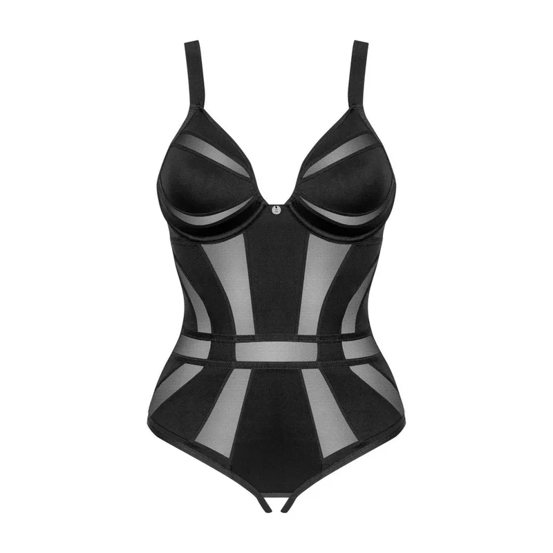 body ouvert noir chic Amoria transparent maille lisse bretelles réglables fermeture multi niveaux pendentif élégant armatures discrètes maintien confortable sensuel