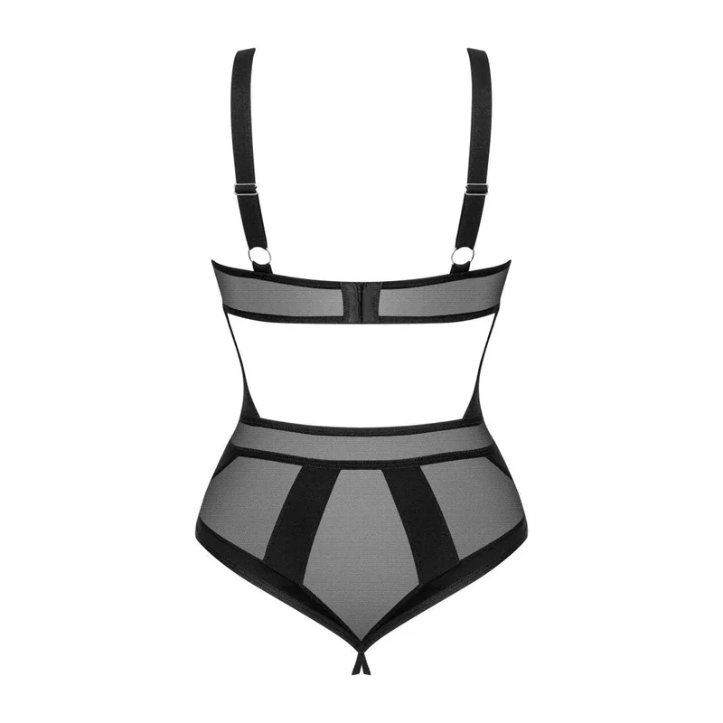 body ouvert noir chic Amoria transparent maille lisse bretelles réglables fermeture multi niveaux pendentif élégant armatures discrètes maintien confortable sensuel