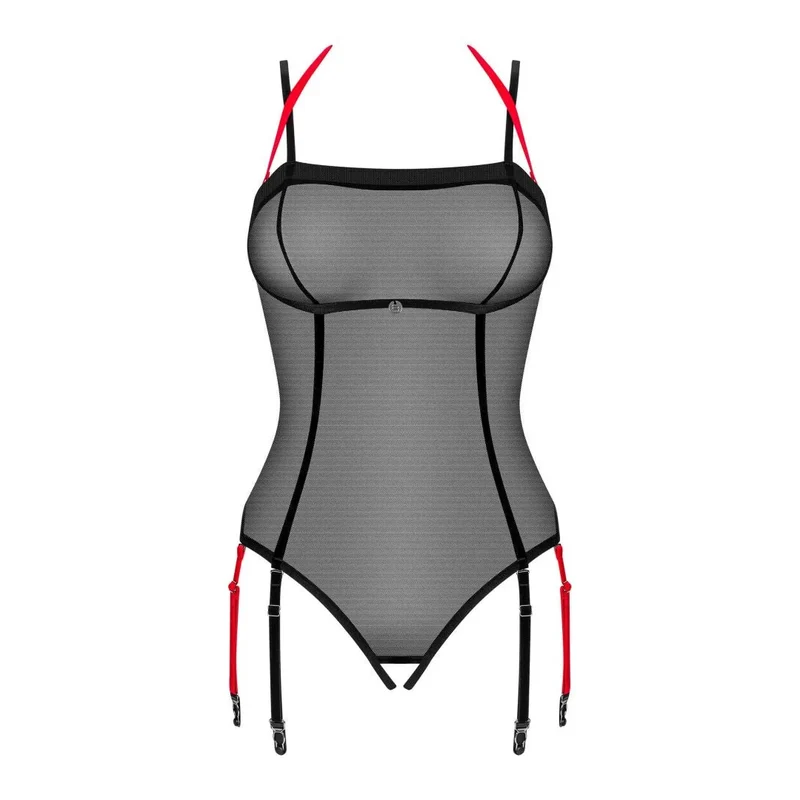 body ouvert sexy noir ajustable velours doux transparent détails argentés torride bretelles réglables doubles jarretelles bicolore polyamide élasthanne