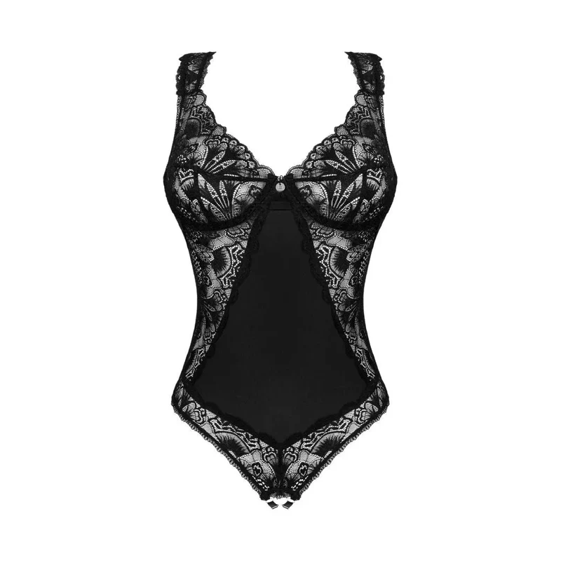 body ouvert noir dentelle sexy ajouré entrejambe réglable élégant sensuel moulant maintien confortable extensible bretelles finitions