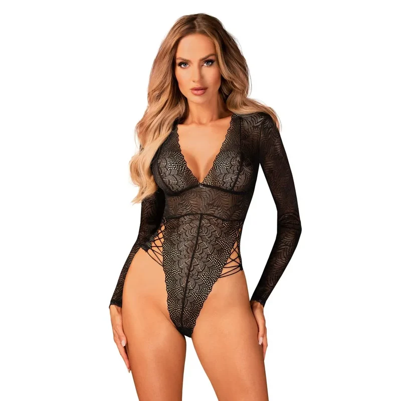 Teddy Merlys noir dentelle sexy laçage hanches pendentif élégant coupe ajustée tissu délicat confortable bandoulière réglable amovible fermeture entrejambe