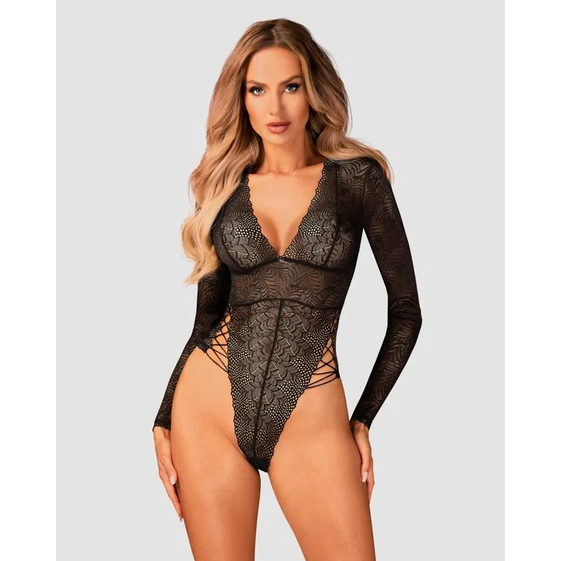 Teddy Merlys noir dentelle sexy laçage hanches pendentif élégant coupe ajustée tissu délicat confortable bandoulière réglable amovible fermeture entrejambe