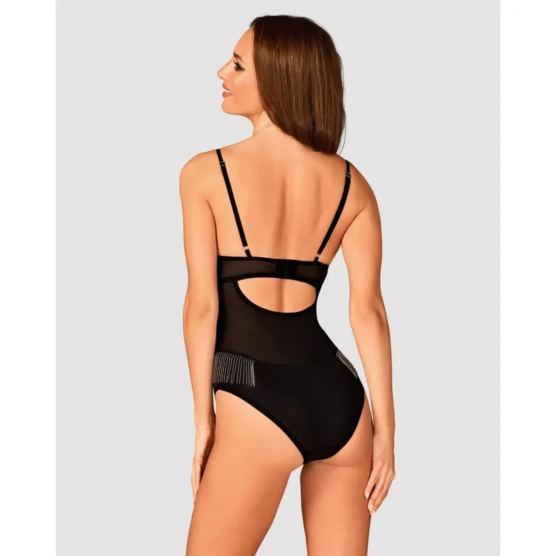 Milladis body noir sexy perles argentées lingerie féminine élégante ajustable translucide extensible doux maintien armatures bretelles réglables