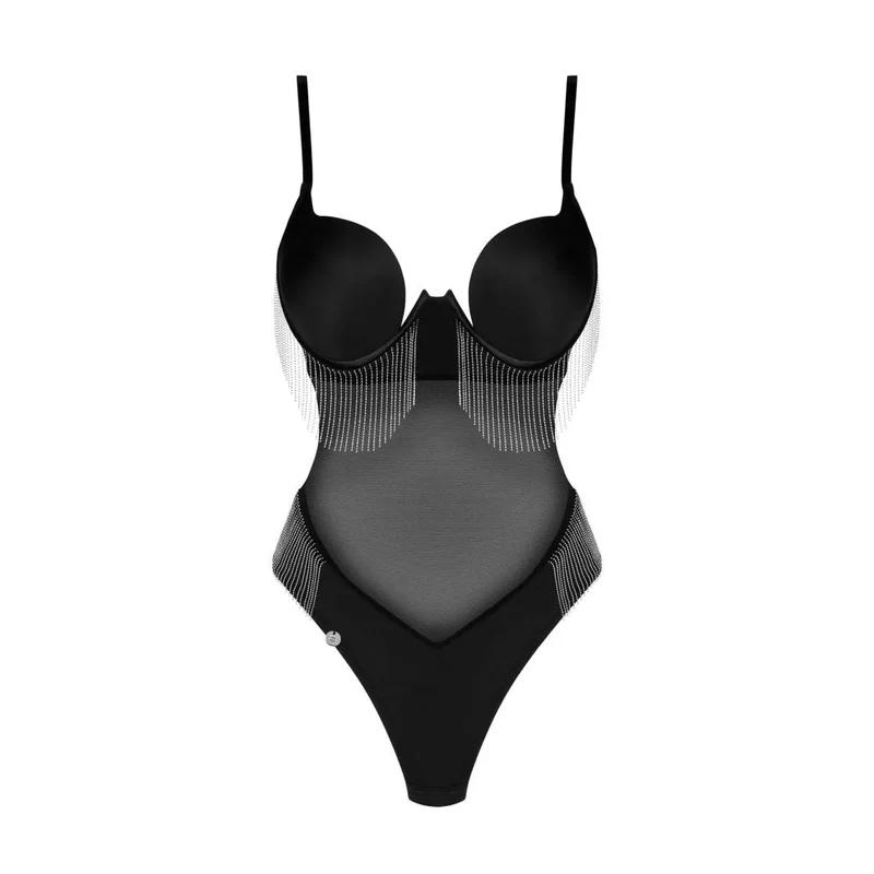 Milladis body noir sexy perles argentées lingerie féminine élégante ajustable translucide extensible doux maintien armatures bretelles réglables