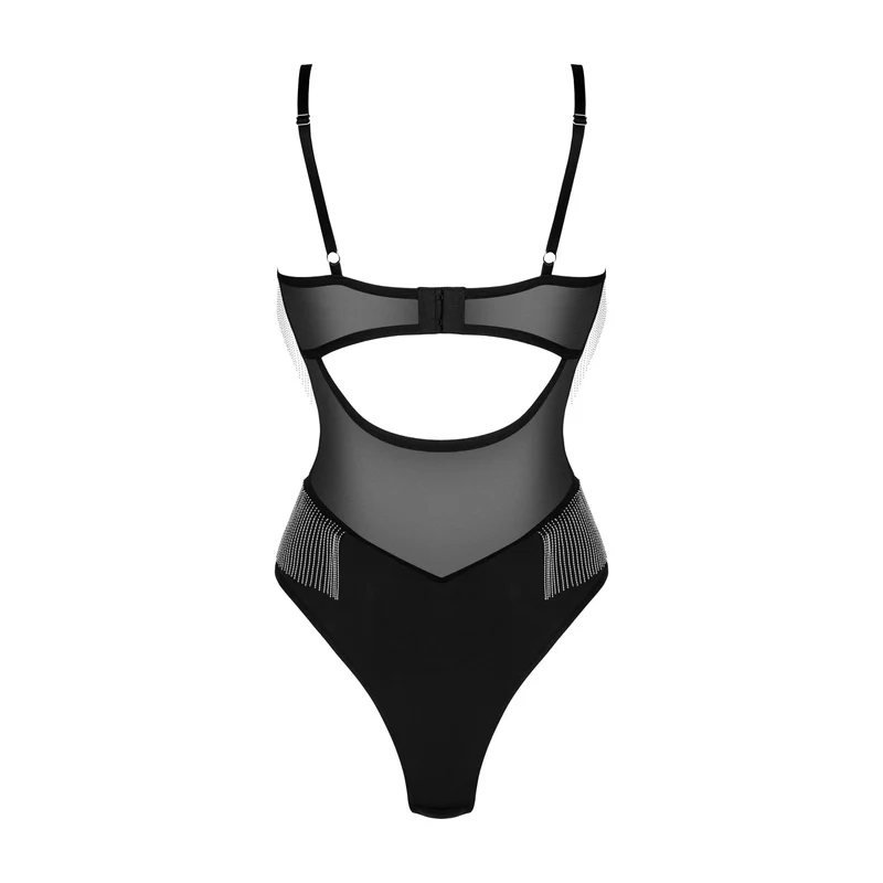 Milladis body noir sexy perles argentées lingerie féminine élégante ajustable translucide extensible doux maintien armatures bretelles réglables