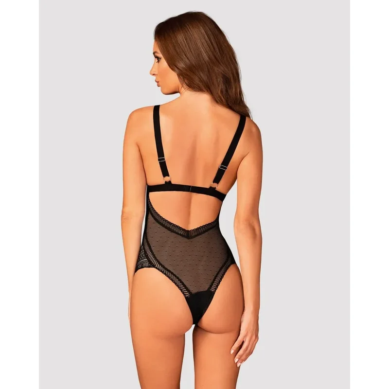 Body Estiqua noir translucide dentelle délicate dos ouvert bretelles réglables élastique moulant gainant sexy raffiné confortable