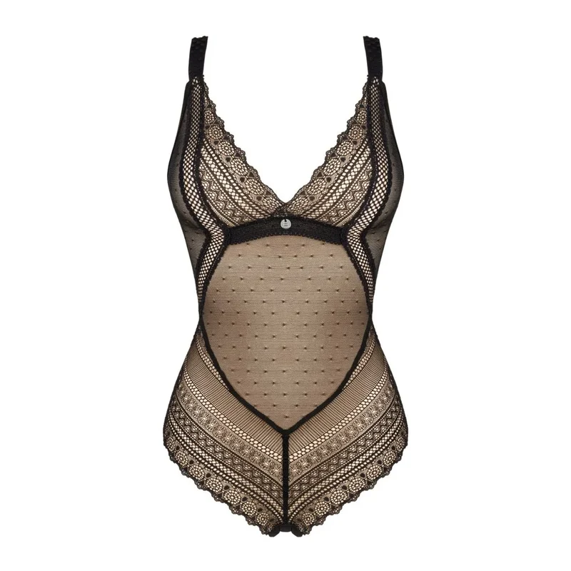 Body Estiqua noir translucide dentelle délicate dos ouvert bretelles réglables élastique moulant gainant sexy raffiné confortable