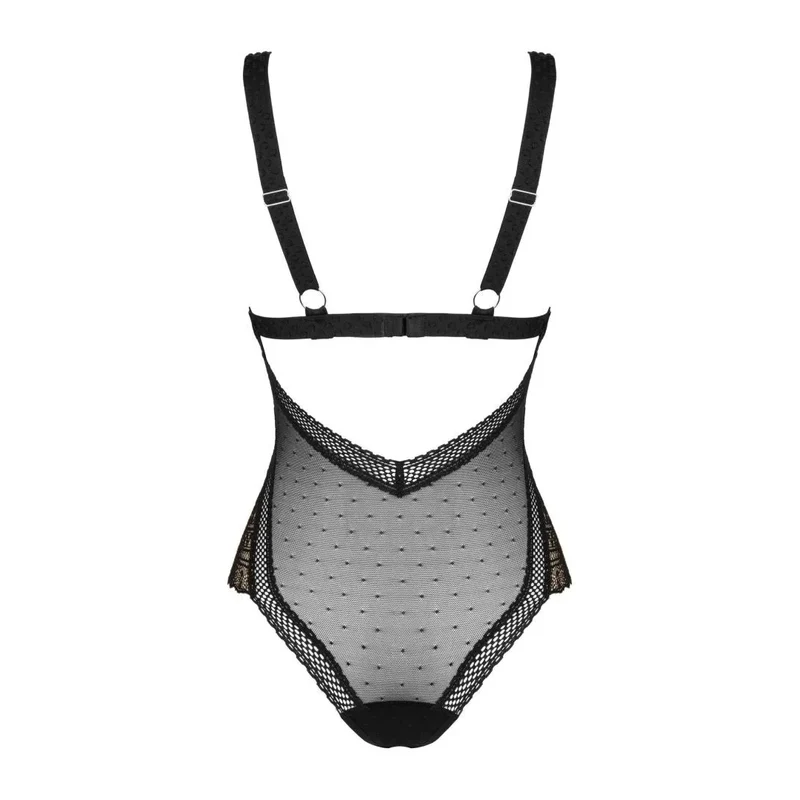 Body Estiqua noir translucide dentelle délicate dos ouvert bretelles réglables élastique moulant gainant sexy raffiné confortable