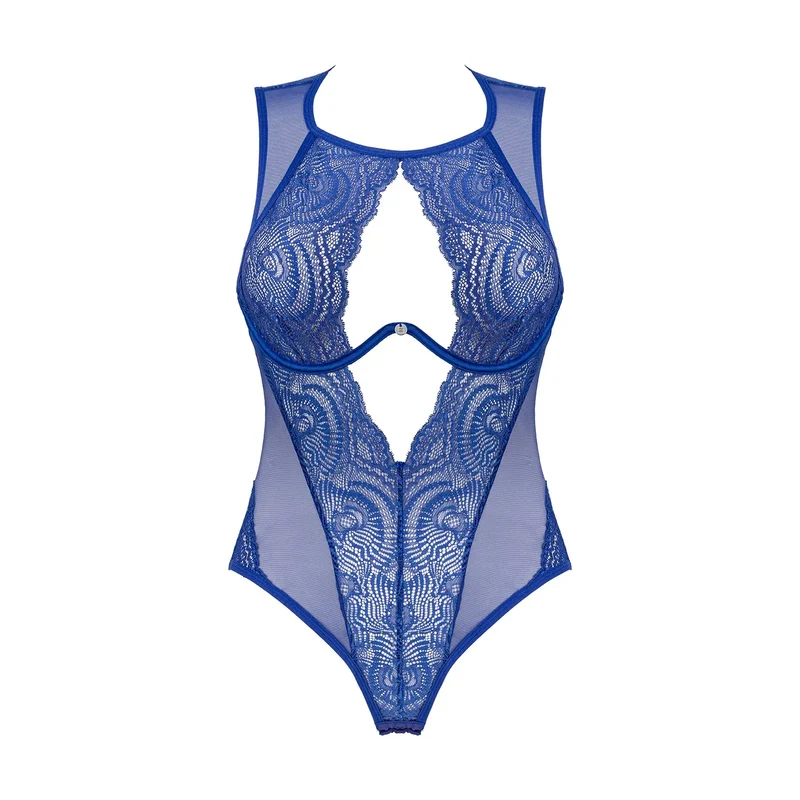 body teddy soutiengorge armatures décolleté profond dentelle sexy bleu Giselia maintien sculptant translucide bretelles réglables pendentif