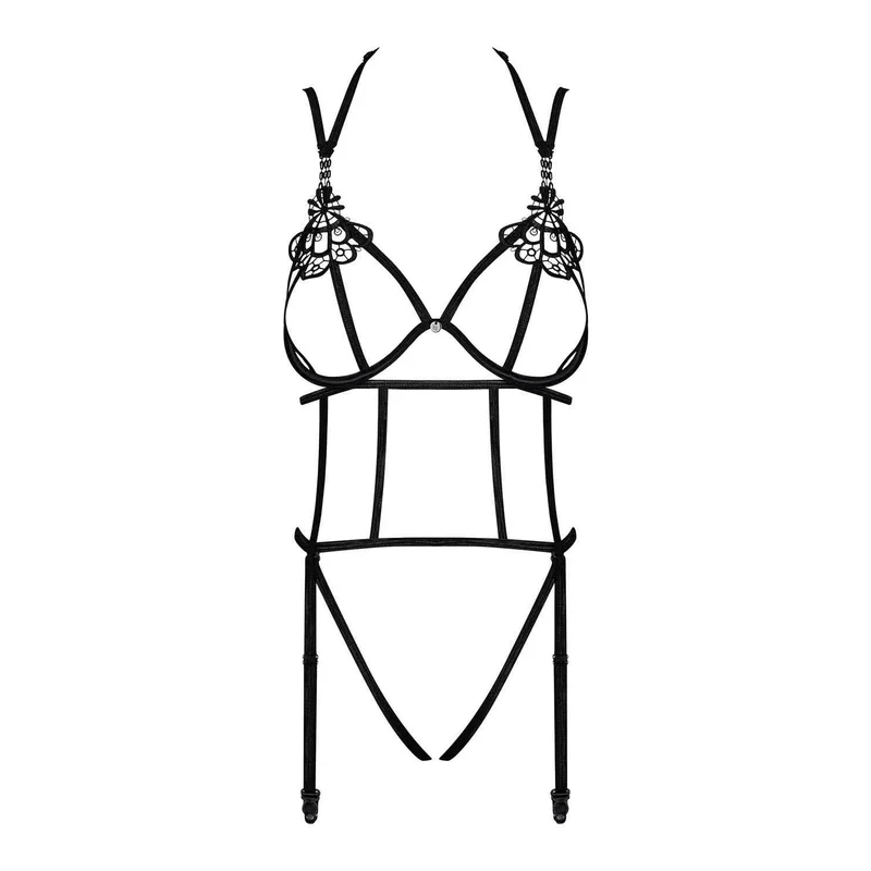 Body ouvert noir Badossa sexy guipure bretelles réglables jarretelles amovibles armatures soutiengorge entrejambe ajustable matière extensible