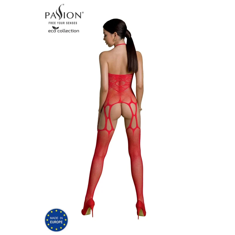 combinaison sexy rouge écologique résille ajourée nylon régénéré élasthanne dégradable confortable extensible taille unique morphologie universelle lingerie séduisante audacieuse