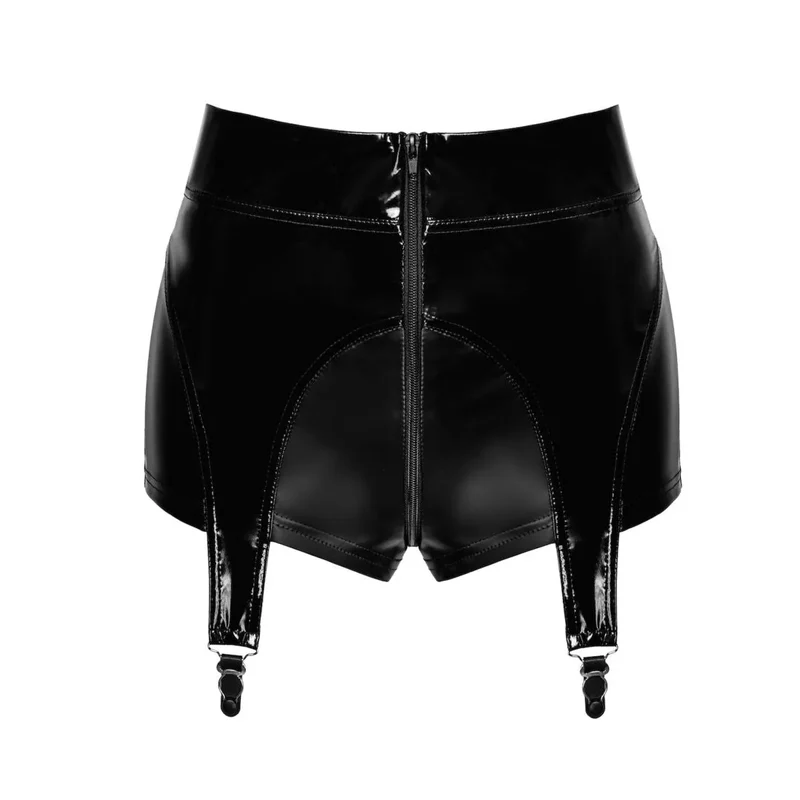 short portejarretelles femme PVC brillant moulant ajustable extensible fermetureeclair bretelles inamovibles soirée coquine audacieuse séduisante noir six tailles