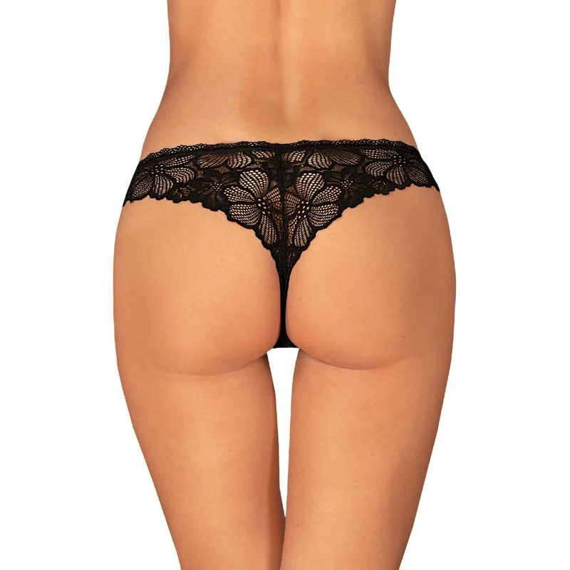 tanga dentelle noire motif floral confort élastique pendentif argent élégant raffiné féminin délicat invisible sensuel sophistiqué extensible luxueux