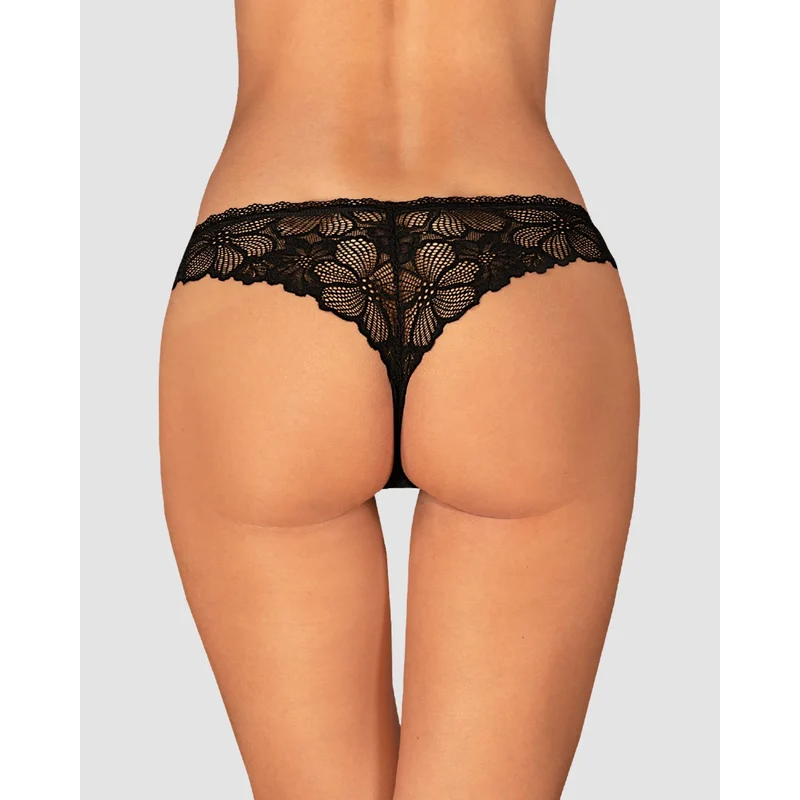 tanga dentelle noire motif floral confort élastique pendentif argent élégant raffiné féminin délicat invisible sensuel sophistiqué extensible luxueux