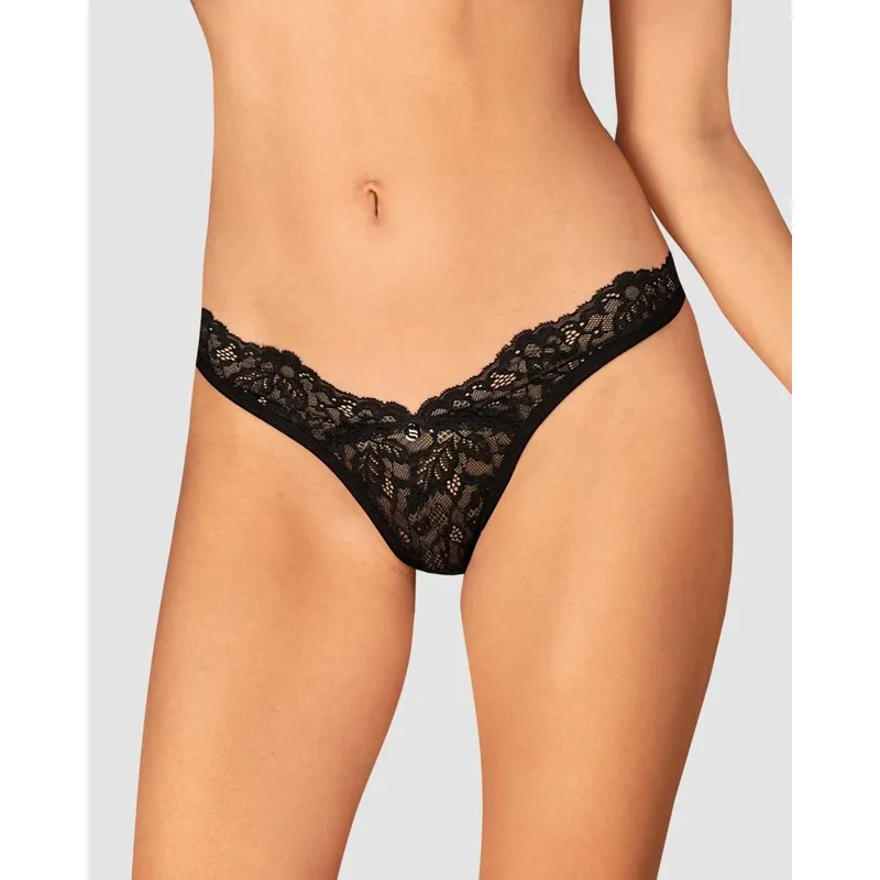 string noir dentelle florale pendentif argent sophistiqué confortable élastique polyamide élasthanne délicat sensuel élégant séduisant ajustement tailles