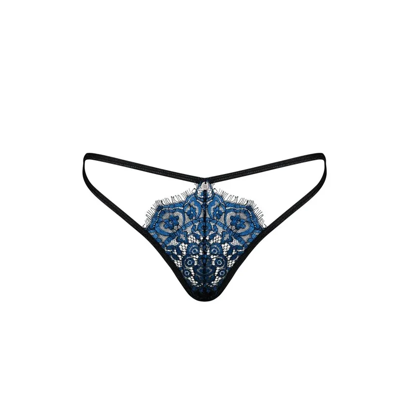 String Yassmyne dentelle bleue sexy ajustable morphologies motif fleuri pendentif argent bords cils élégant raffiné confortable