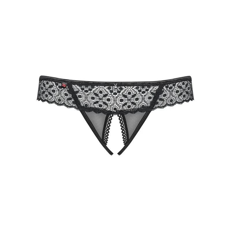 string ouvert noir dentelle géométrique sensuelle audacieuse élégante confortable lanières élastiques pendentif brillant coupe triangulaire arrière maintien ajusté taille adaptable
