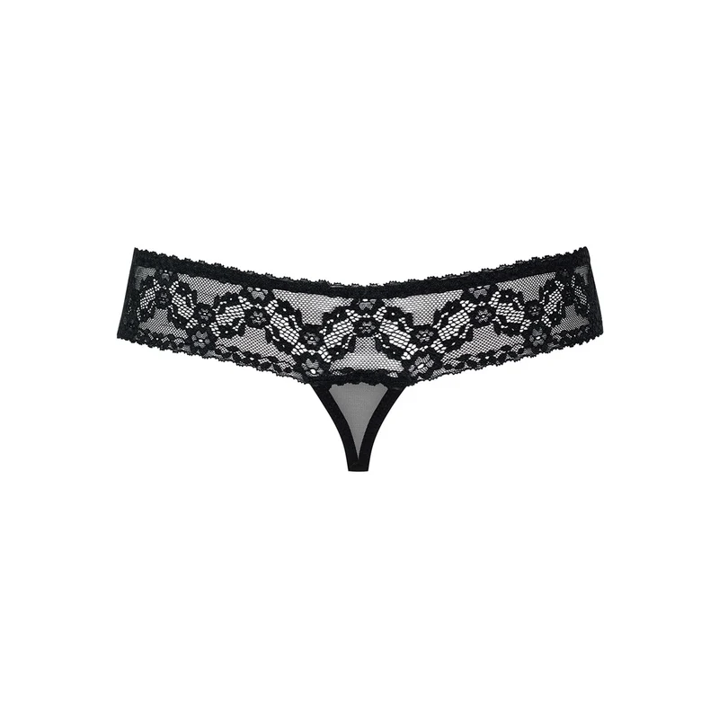 string ouvert noir dentelle maille transparente noeud bijou brillant charmant élégante confortable élastique polyamide elasthanne maintien tailles SM LXL