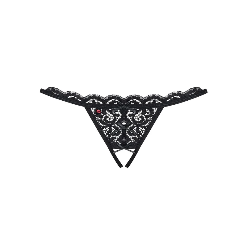 String dentelle ouvert noir Obsessive noeuds satin lanières croisées arrière coupe audacieuse sensuelle glamour raffinée élastique confortable
