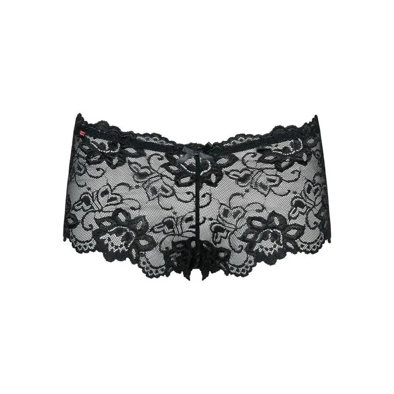 shorty noir motif floral délicat noeud avant élastique haute qualité confort ajustement polyamide elasthanne tailles variées silhouette sublimée raffinée