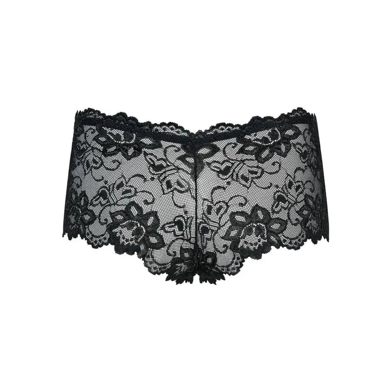 shorty noir motif floral délicat noeud avant élastique haute qualité confort ajustement polyamide elasthanne tailles variées silhouette sublimée raffinée