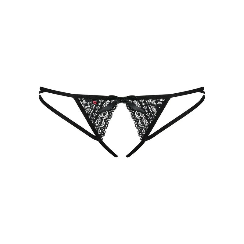 string ouvert dentelle noir sexy satin noeud élastique souple maintien séduisant glamour raffiné sensuel audacieux féminin
