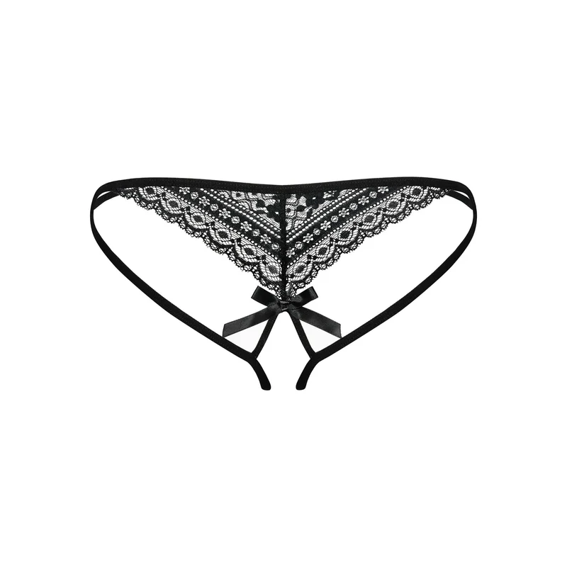 string ouvert dentelle noir sexy satin noeud élastique souple maintien séduisant glamour raffiné sensuel audacieux féminin