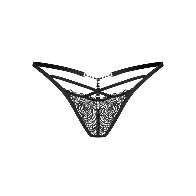 string dentelle noire femme accents argentés chic contemporain sophistiqué confortable extensible ajustable bretelles fines chaîne européenne