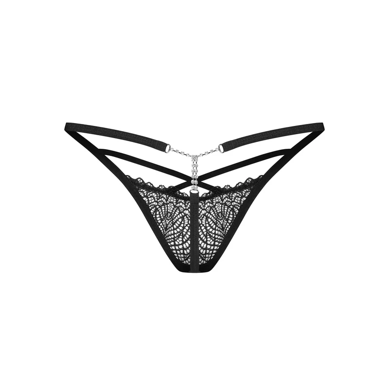 string dentelle noire femme accents argentés chic contemporain sophistiqué confortable extensible ajustable bretelles fines chaîne européenne