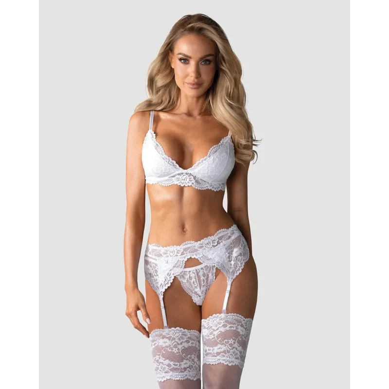 ensemble lingerie séduisante blanc jarretelles dentelle rembourrée soutiengorge bretelles réglables bonnets string inclus extensible confortable élégant sensuel glamour