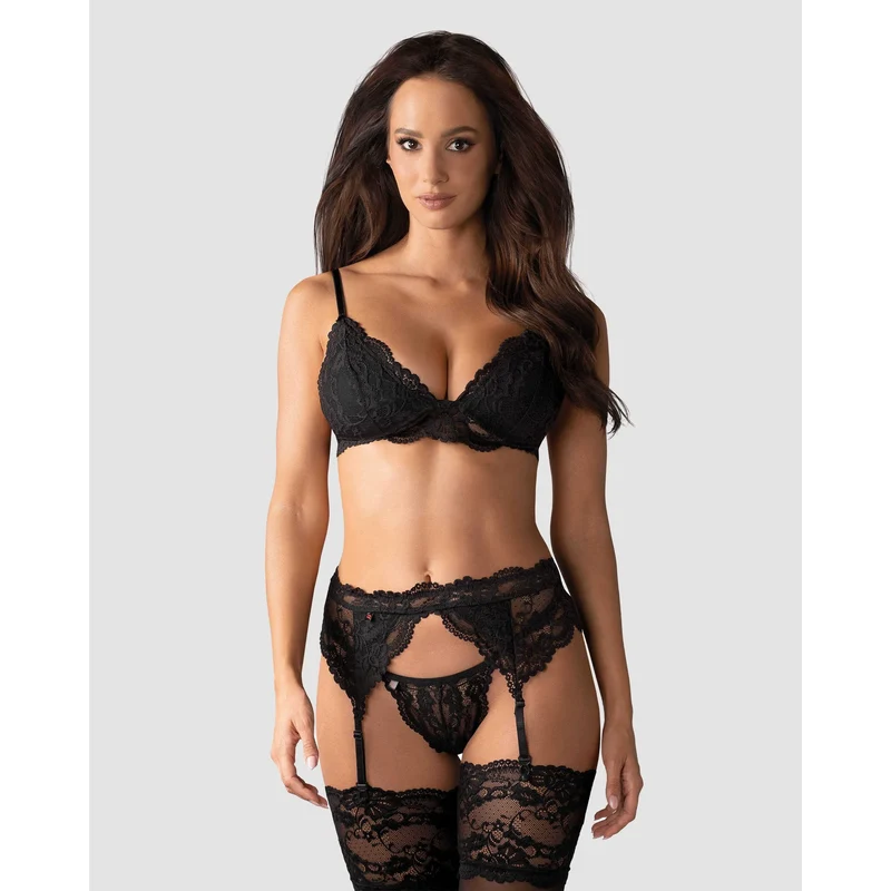Ensemble lingerie dentelle noire sculptante ajustable sexy soutiengorge portejarretelles string bonnets maintien confortable extensible polyamide élasthanne sensualité élégance