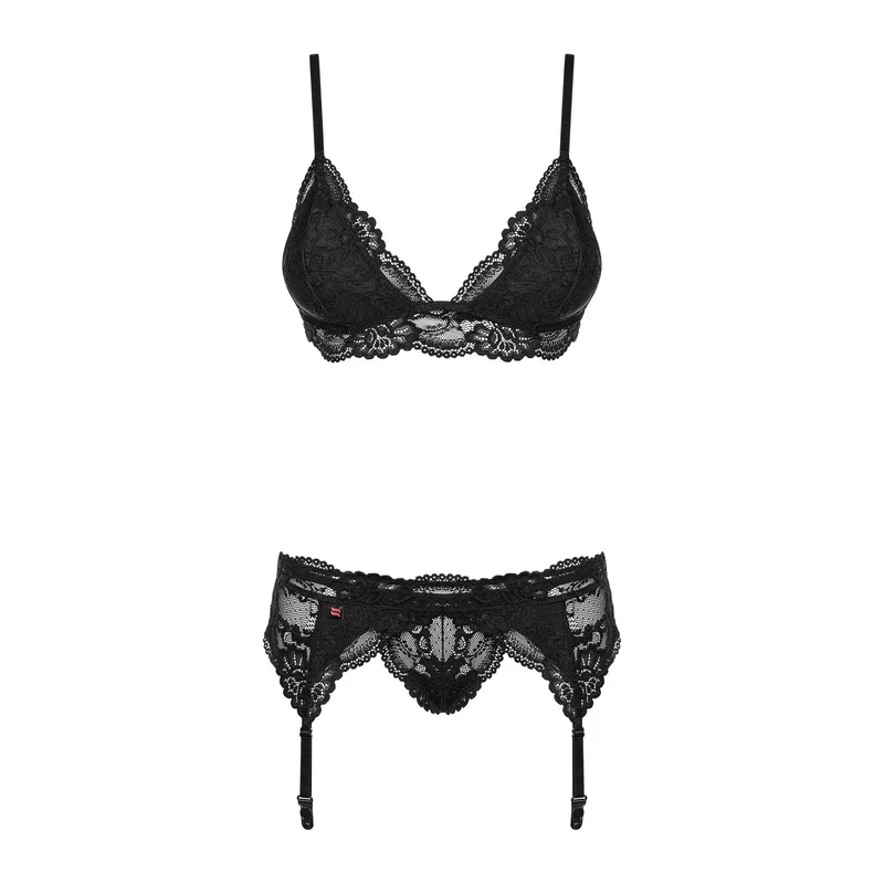 Ensemble lingerie dentelle noire sculptante ajustable sexy soutiengorge portejarretelles string bonnets maintien confortable extensible polyamide élasthanne sensualité élégance