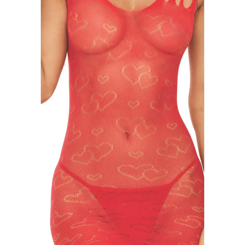 Robe résille rouge cœur fantaisie nylon élasthanne taille unique coupe ajustée sexy transparente soirée romantique glamour confort extensible