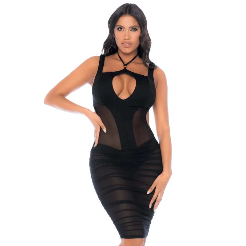 robe noire résille semi transparente dos nu glamour ajustée moulante sexy chic élégante sophistiquée froncée sculptante