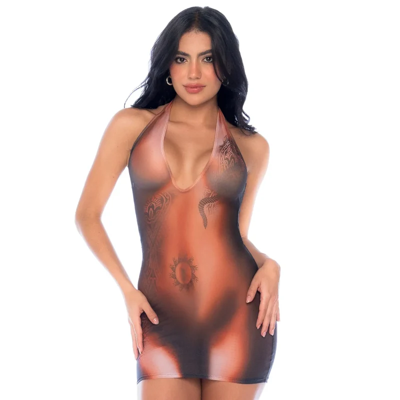 Robe Mapalé Bohemian Mystique Dos-Nu en Résille Ultra-Fine Avec Imprimé Illusion Tatouage Artistique pour Soirées Glamour et Festivals