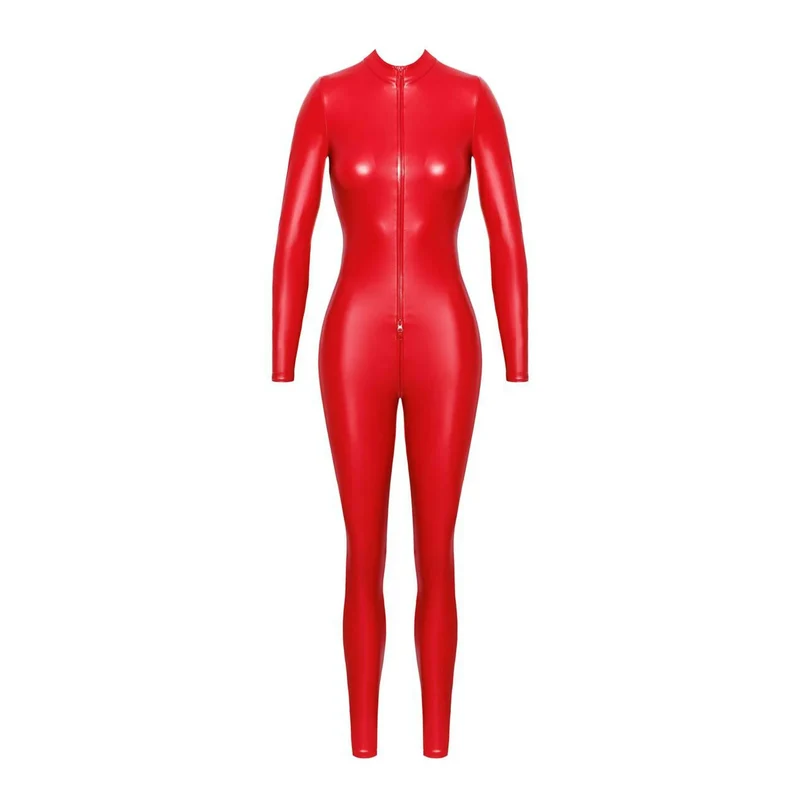 combinaison rouge audacieuse effet mouillé élastique fermeture éclair trois voies finition mate extensible confortable silhouette moulante sensuelle sophistiquée soirées