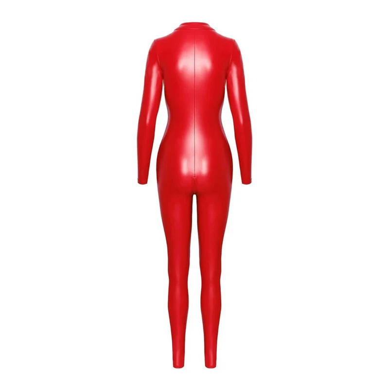 combinaison rouge audacieuse effet mouillé élastique fermeture éclair trois voies finition mate extensible confortable silhouette moulante sensuelle sophistiquée soirées