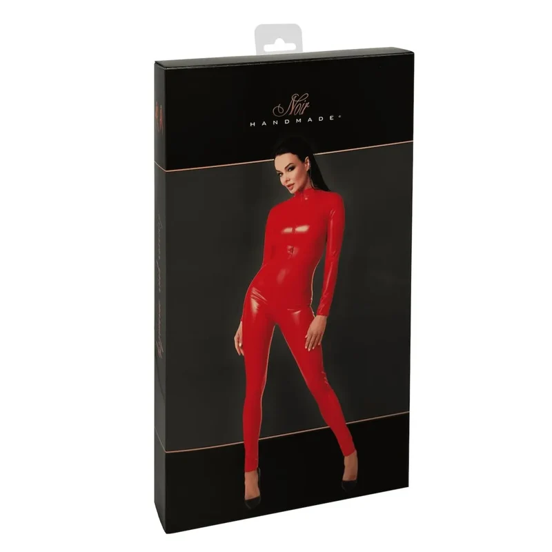 combinaison rouge audacieuse effet mouillé élastique fermeture éclair trois voies finition mate extensible confortable silhouette moulante sensuelle sophistiquée soirées