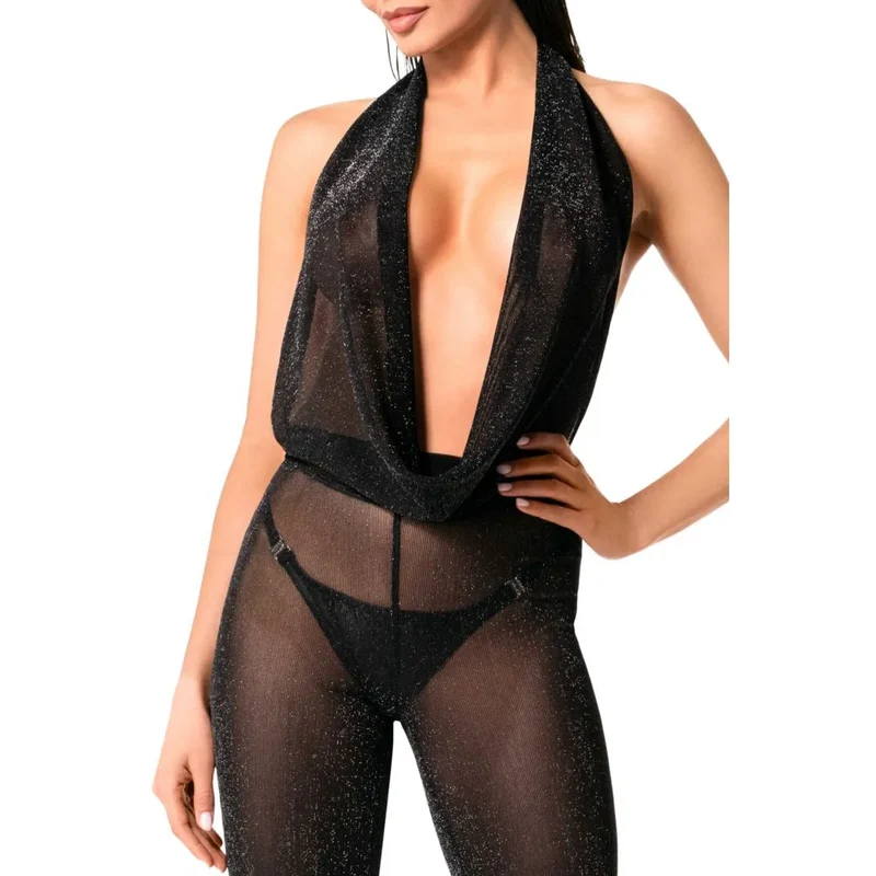 combinaison Luminara dos nu transparent pailleté soirée glamour sexy scintillant maille légère extensible décolleté plongeant jambes larges noir