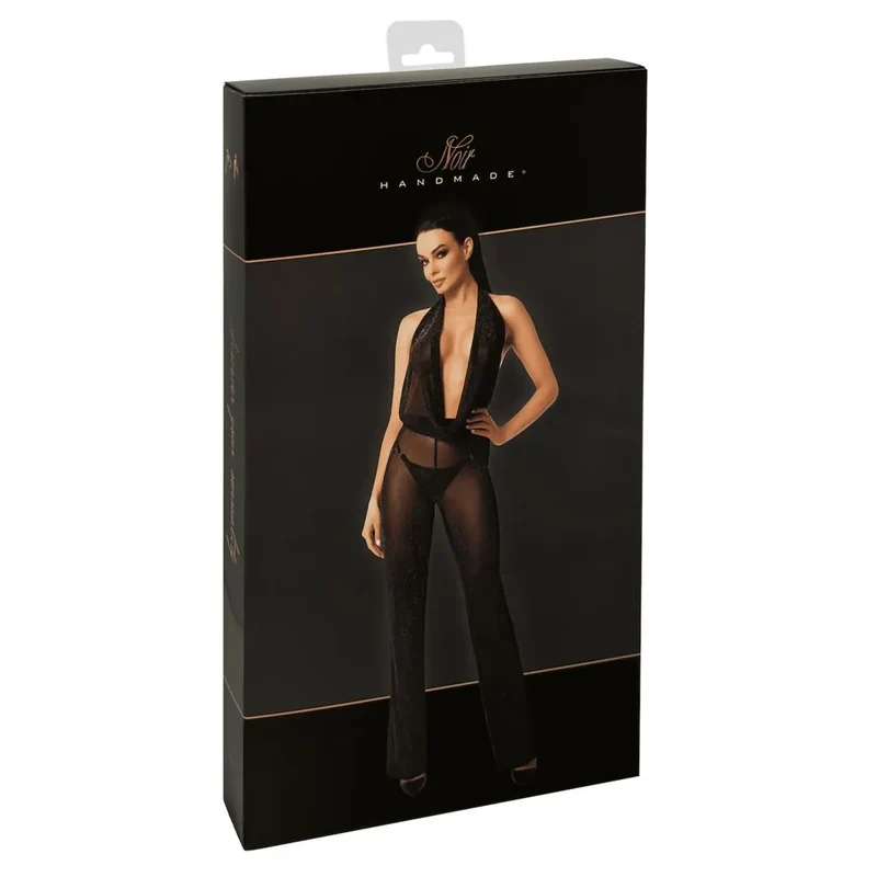 combinaison Luminara dos nu transparent pailleté soirée glamour sexy scintillant maille légère extensible décolleté plongeant jambes larges noir